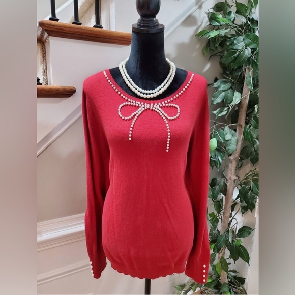 Elle Women Red Cotton Round Neck Long Sleeve Pullover Knit Sweater Size … - Picture 1 of 6